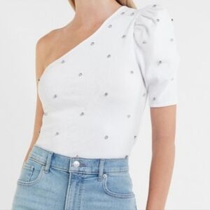 Express White One-Shoulder Crystal-Embellished Puff Sleeve Crop Top